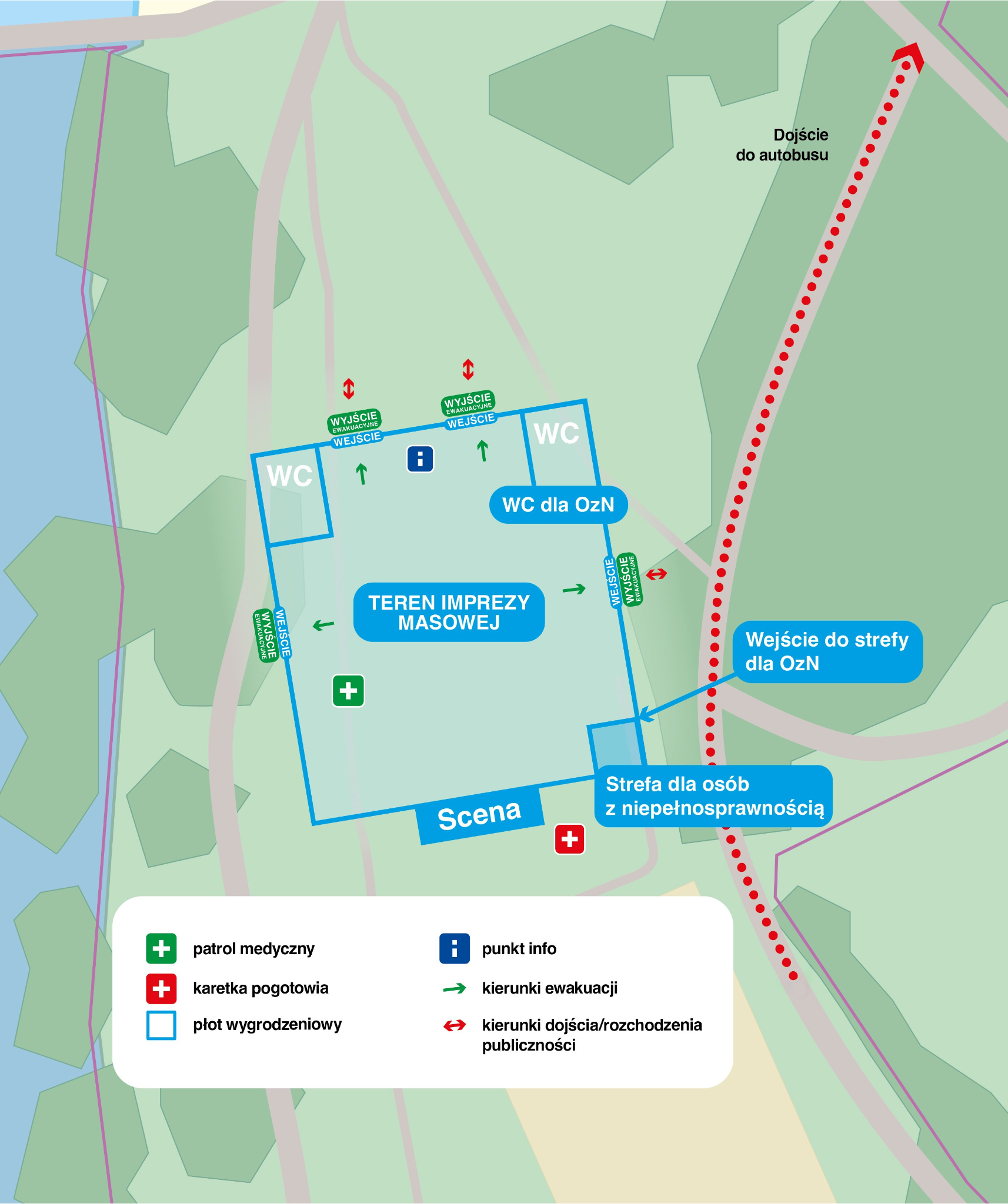 Mapka pokazująca najważniejsze miejsca imprezy z perspektywy osób z niepełnosprawnościami. 